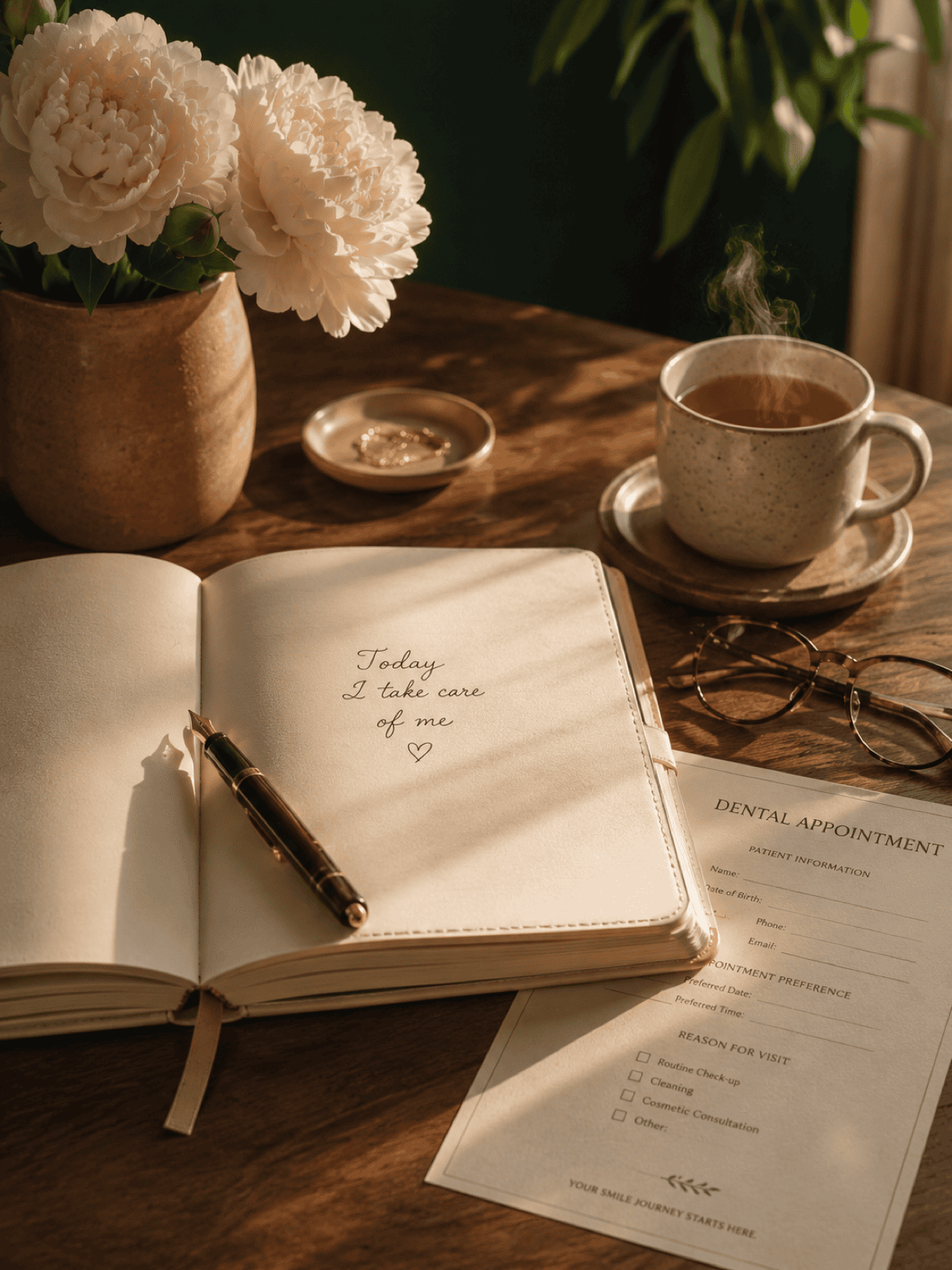 Journal reading 'Today I take care of me' — your first step toward a better smile at Dr. Saikia's Dental Care